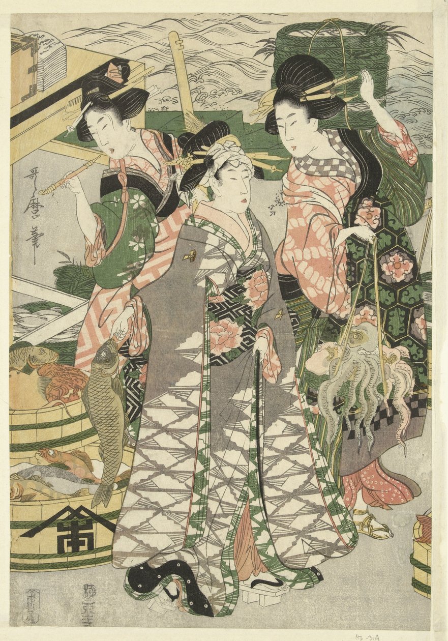 Udsigt over fiskemarkedet på stranden i Shiba [Shiba] no ura uoichi no zu af Utamaro (II) , Kitagawa