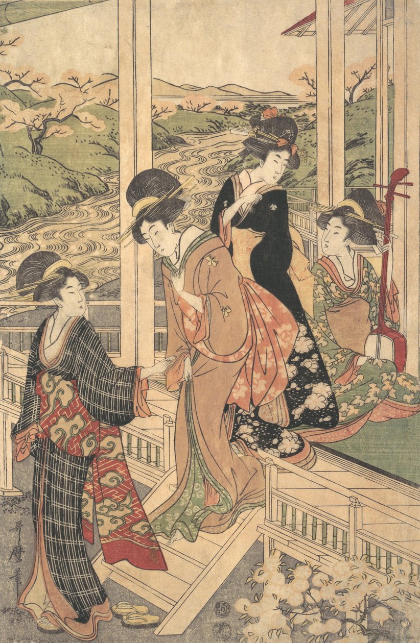 Gruppe af kvinder på Engawa af et landsted, i tiden for kirsebærblomstringen,..., ca. 1806. af Utamaro II