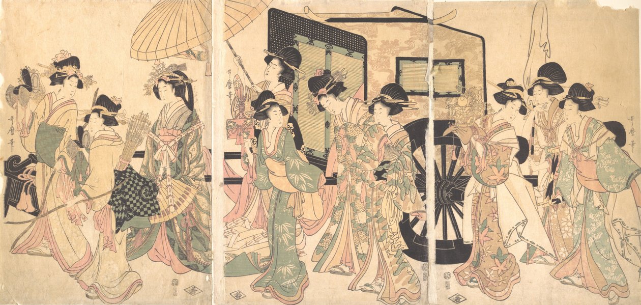 Damer, der omgiver en vogn. af Utamaro II