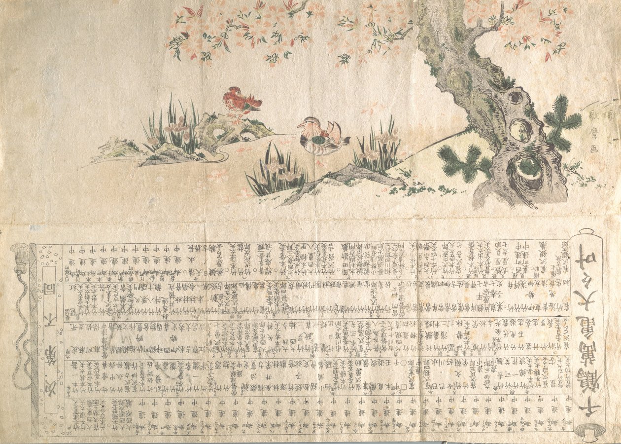 Mandarinænder i et forårslandskab: Program for en Jururui-forestilling, ca. 1807.. af Utamaro II