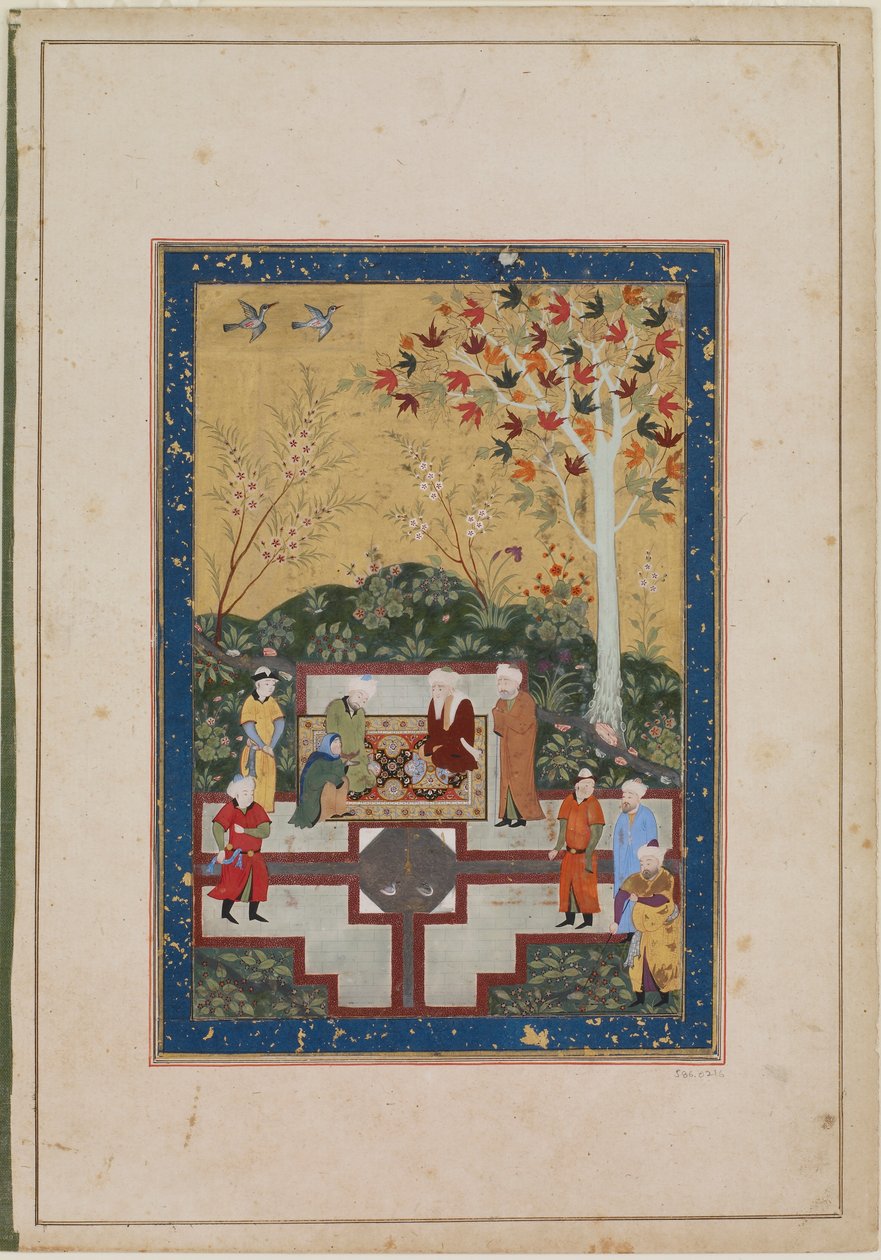 Album folio; recto: An Old Woman and Two Sages, Bukhara, Usbekistan, Timurid-perioden, 1510-40 (ugennemsigtig akvarel, blæk og guld på papir) af Uzbek School