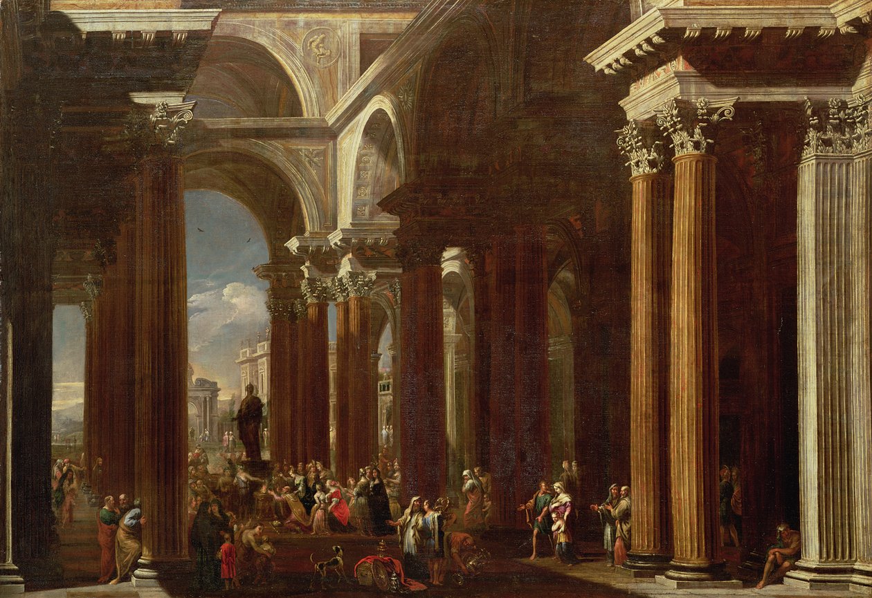 En arkitektonisk capriccio med et romersk offer af V. and Gargiulo, D. Codazzi