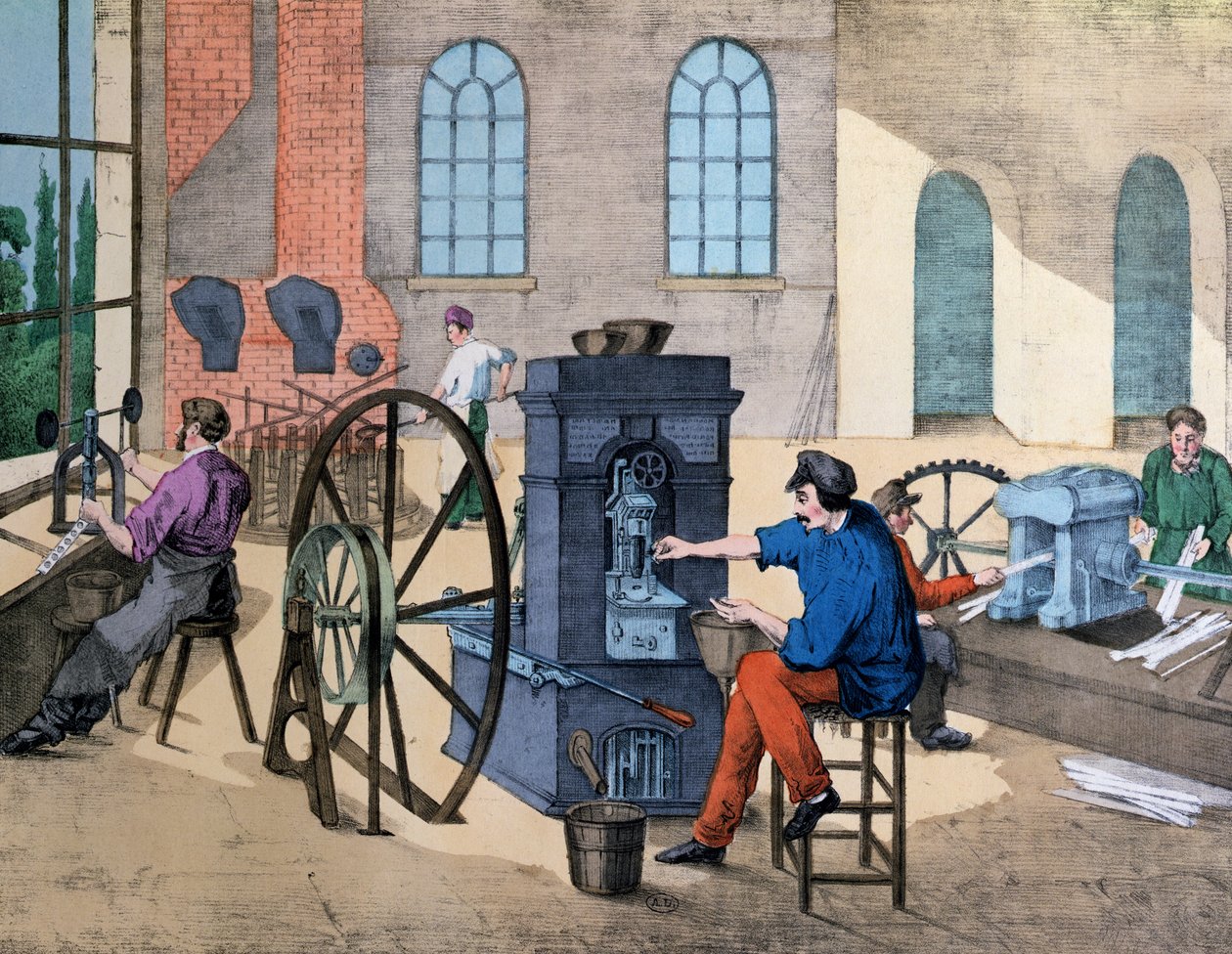 Arbejder, der slår penge i Monnaie de Paris, planche 9 fra en undervisningsbog om industrier og job, udgivet omkring 1860 af V. Janson