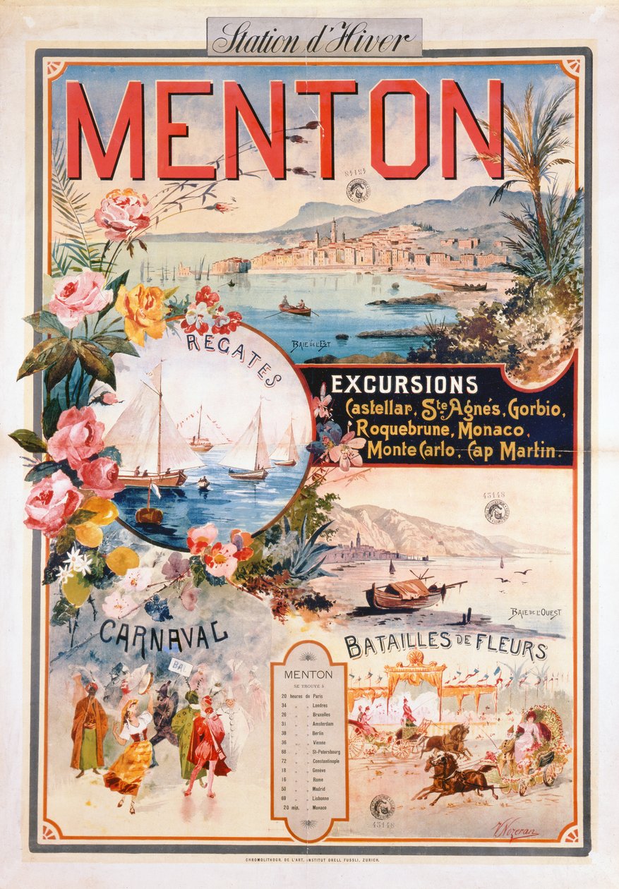 Plakat, der reklamerer for Menton som vinterferieby (chromolitho) af V. Nozeran