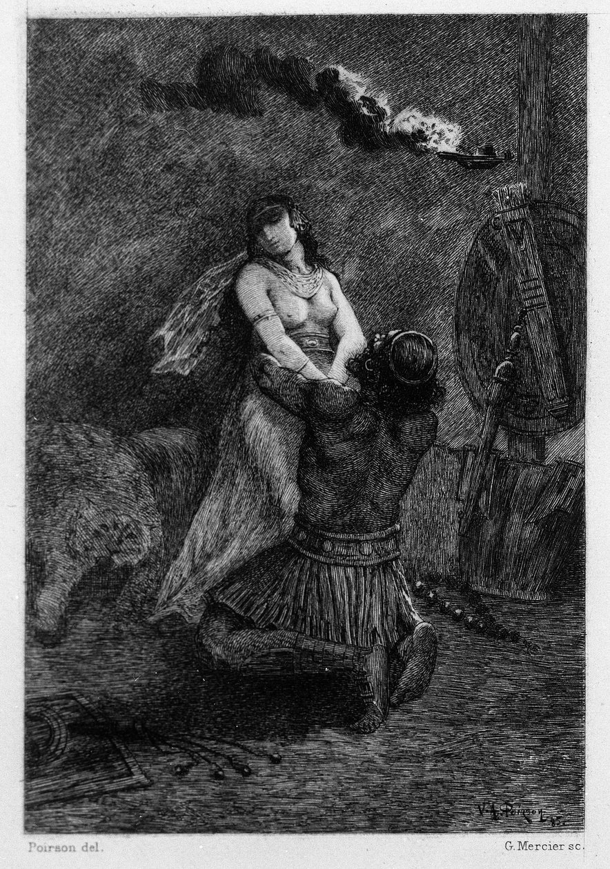 Han lå på knæ, på gulvet, foran hende. Illustration af V.A. Poirson (1890) for romanen "Salammbo" af Gustave Flaubert, der tog lejesoldaterkrigen som ramme på tidspunktet for den første puniske krig (246-241 f.Kr.) mellem romerne og Kartago. af Victor Armand Poirson