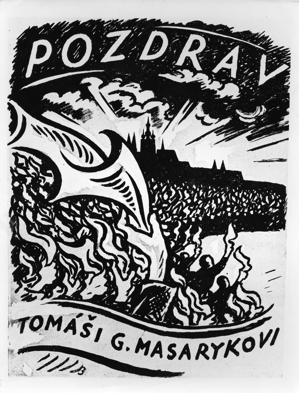 Hilsen, Tomas Masaryk, illustration af Masaryks indtog i Prag den 8. december, 1918 af V.H. Brunner