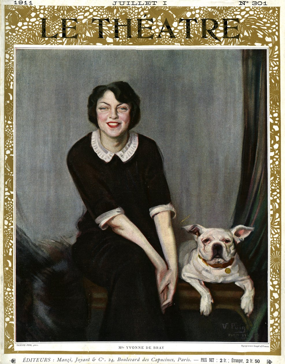 Yvonne De Bray, portræt med hund af V. (after) Puig
