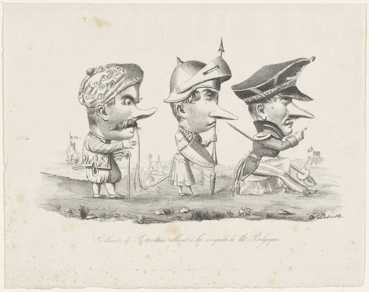 Tegneserie af Rotterdam-militsen, 1830 Les braves de Rotterdam allant à la conquête de la Belgique (titel på objekt) af V. Dubrulle