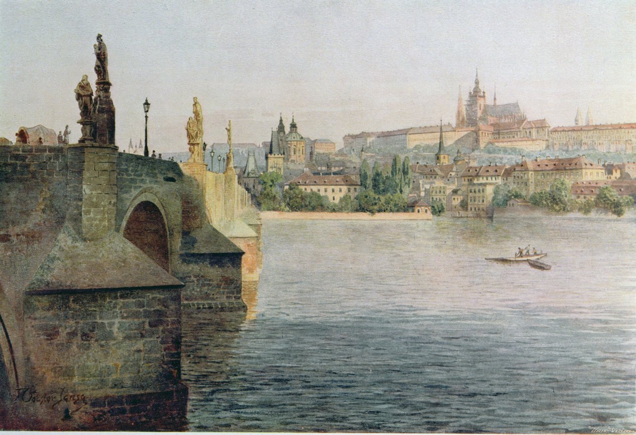 Udsigt over Karlsbroen fra Krizovnicka Namesti, fra "Stara Praha" (det gamle Prag), ca. 1900 af Vaclav Jansa