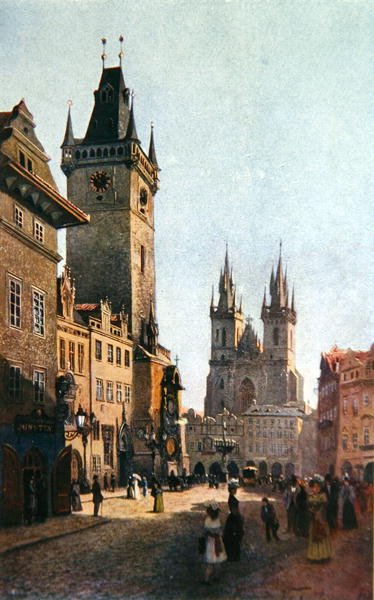 Udsigt over Staromestsky Rynk med rådhuset og Vor Frue Kirke før Tyn, fra "Stara Praha" (det gamle Prag), ca. 1900 (farvelitografi) af Vaclav Jansa