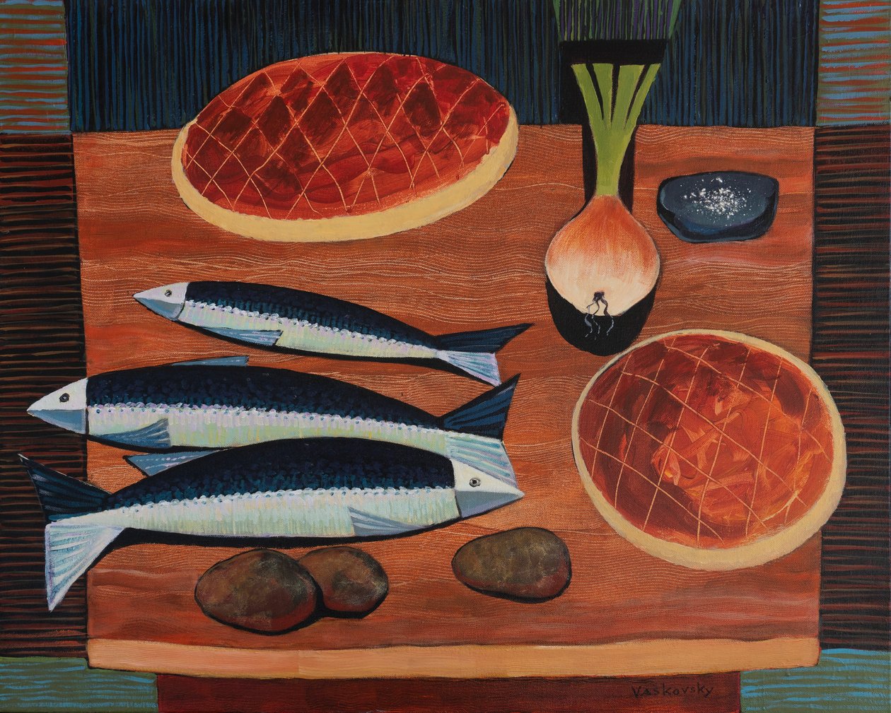 Stilleben med brød og fisk, 2020 (akryl på lærred) af Vadym Vaskovsky