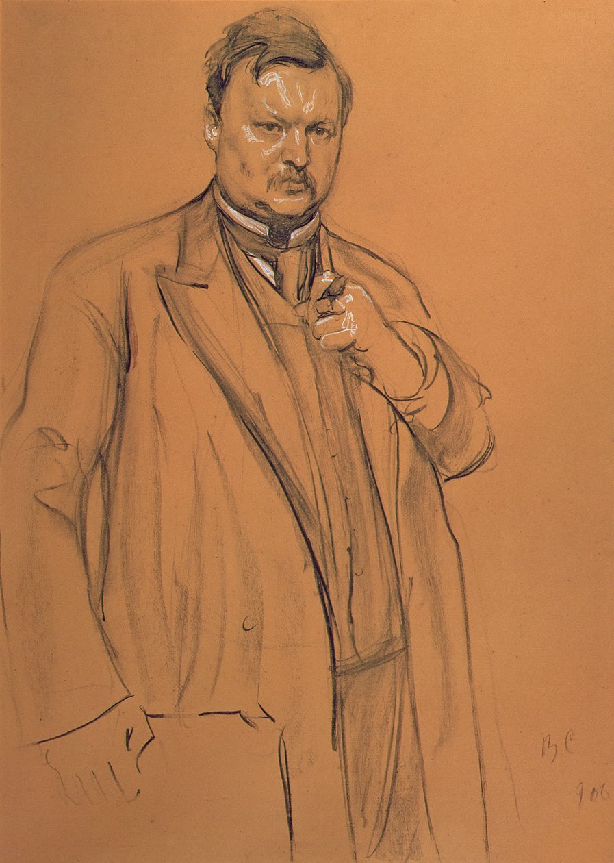 Portræt af komponisten Alekandr Konstantinovich Glazunov (1865-1936), 1906 (kridt og kul på papir) af Valentin Aleksandrovich Serov