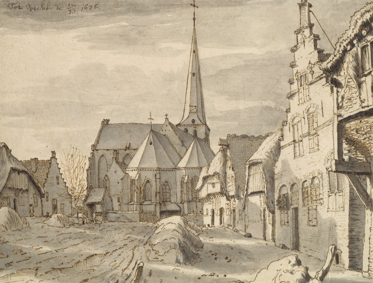 Foran Kirken i Veghel, 1676 (pen og brunt blæk og grå vask på papir) af Valentin Klotz