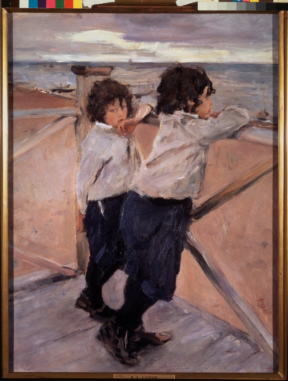 Børn. (To brødre, på en træponton, foran Østersøen). Maleri af Valentin Alexandrovich Serov (1865-1911), olie på lærred af Valentin Aleksandrovich Serov