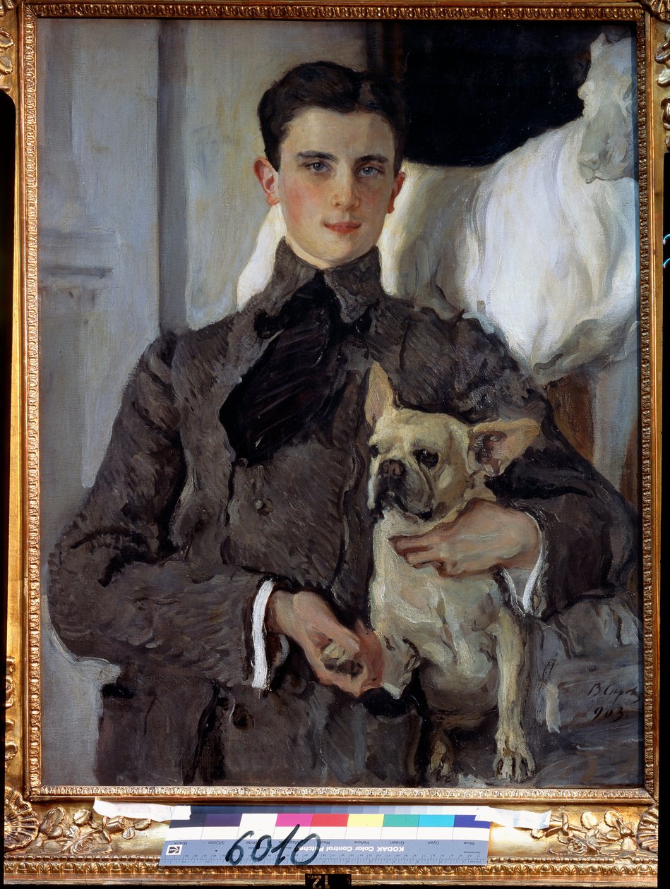 Portræt af prins Felix Youssoupoff, grev Soumarokov Elston (1887-1967), med en hund. (Portræt af prins Felix Yusupov, greve Sumarokov Elston, med en hund). Maleri af Valentin Alexandrovich Serov (1865-1911), olie på lærred af Valentin Aleksandrovich Serov
