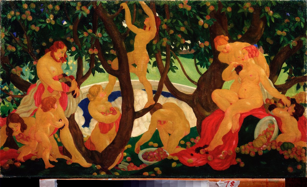 Sharing Apples (Gathering Aple) - Maleri af Valentin Alexandrovich Yakovlev (1887-1919), olie på lærred af Valentin Alexandrovich Yakovlev