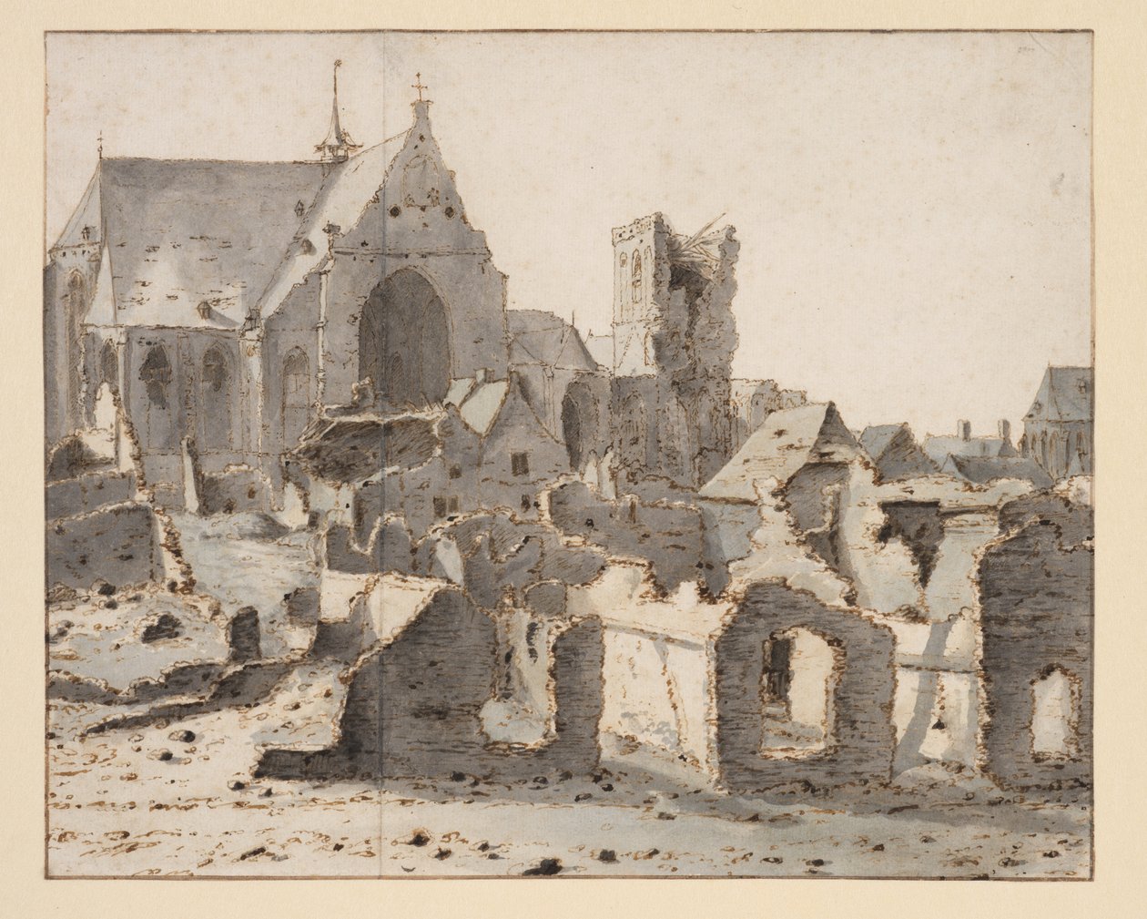 Udsigt over Grav på Maas efter en belejring, 2. marts 1675 (grafit, pen & brun blæk, gråblå vask på papir) af Valentin Klotz