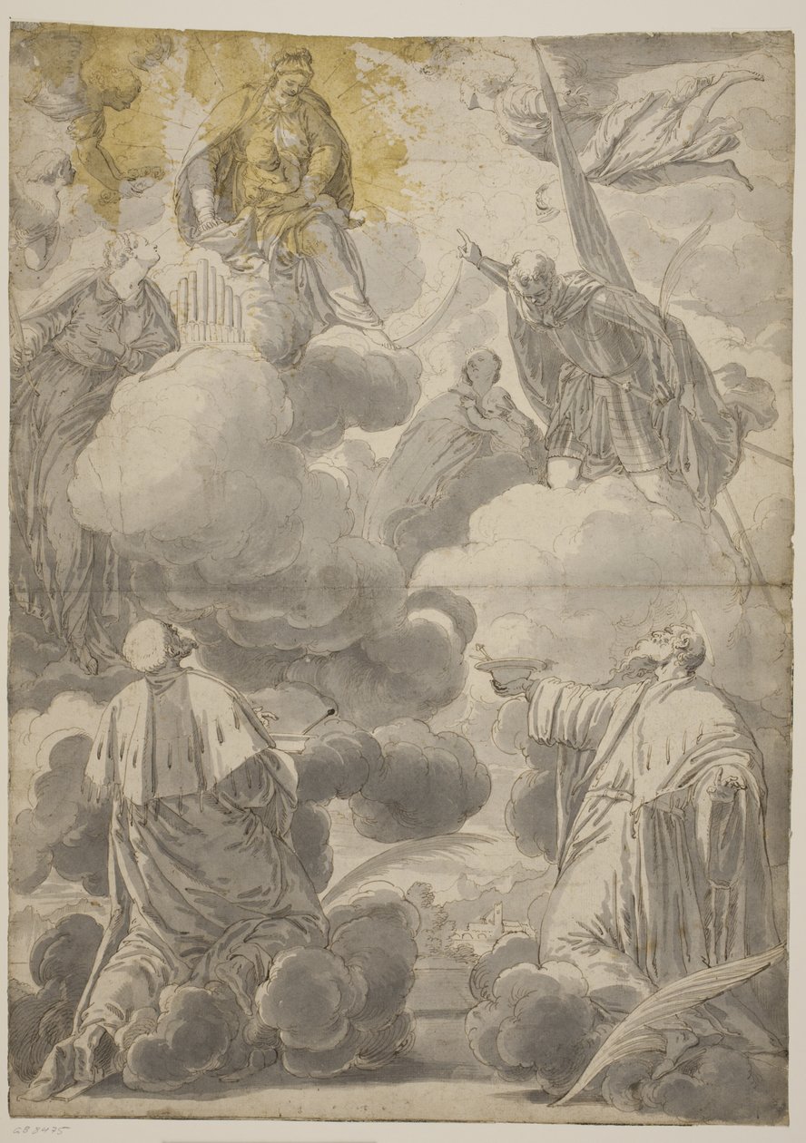 Jomfruen og barnet i skyerne omgivet af engle og Sts Cosmas og Damian, Cecilia, Secondo og Marina af Valentin Lefèvre