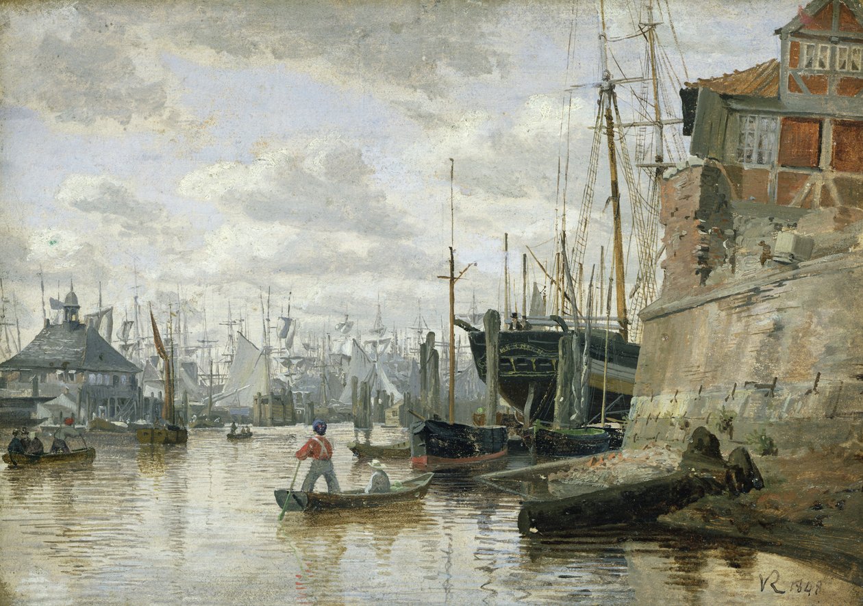 Bjælkehytten ved Hamborgs havn, 1848 (olie på papir om bord) af Valentin Ruths