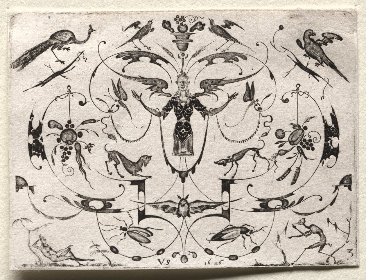 Arabesk med påfugl, parakit, hunde og insekter, 1626. af Valentin Sezenius