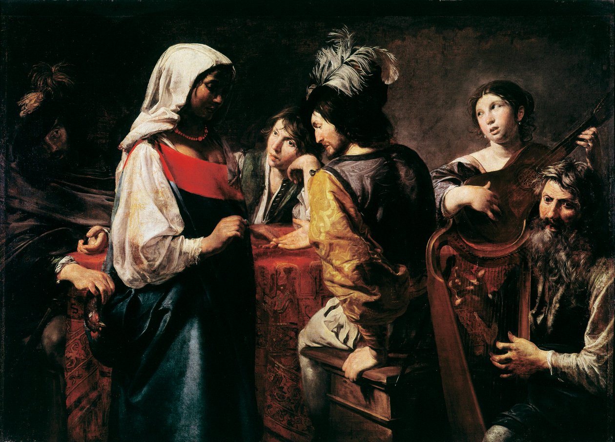 Spåkonen-maleri af Jean Valentin de Boulogne (1594-1632) Mål 125 x 175 cm Paris, Louvre-museet af Valentin de Boulogne
