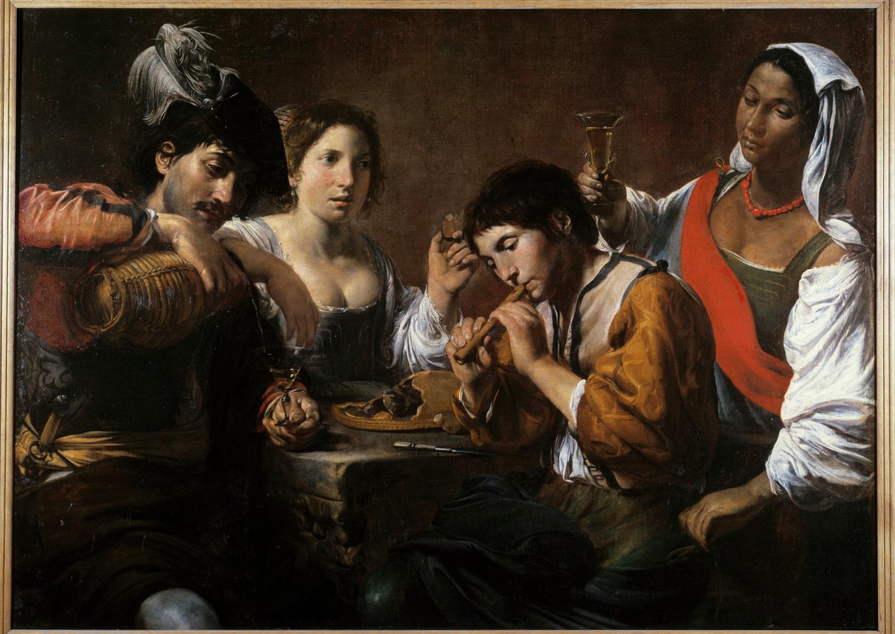 Møde i en kabaret Maleri af Valentin de Boulogne (1591-1632) 1600-tallet søn. 0,96x1,33 m af Valentin de Boulogne
