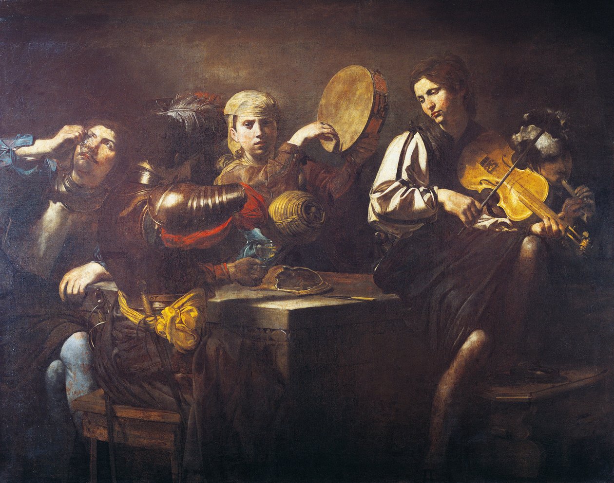 Musikere og soldater, ca. 1626, af Valentin de Boulogne (1591-1632), olie på lærred af Valentin de Boulogne