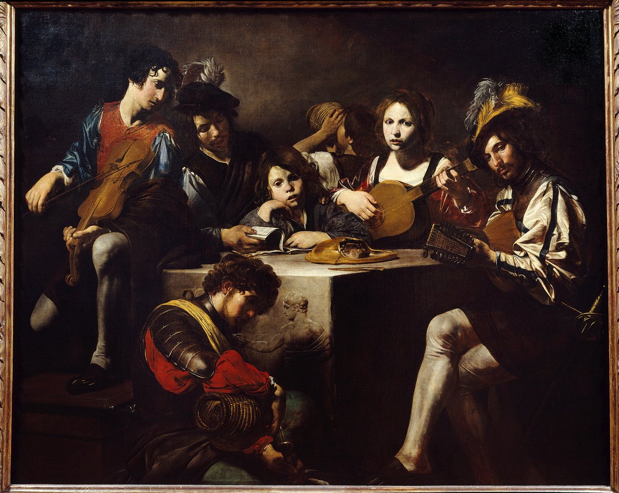 Lavreliefkoncerten. Musikere samledes omkring et skulpturelt alter. Maleri af Valentin de Boulogne (1591-1632). Svag. 1,73 X 2,14 m. af Valentin de Boulogne