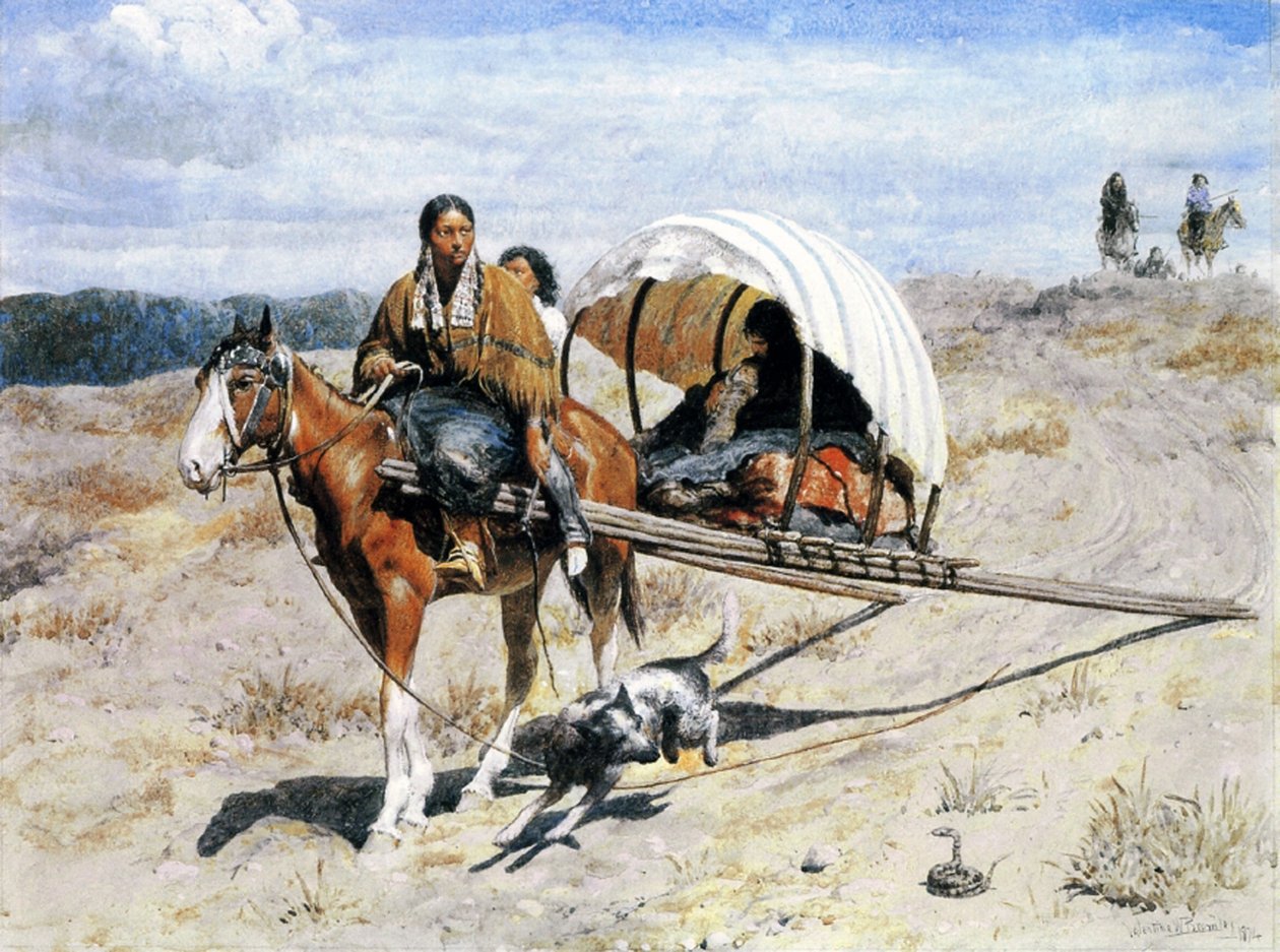 Indian Crow Family on the Trail, 1874 (wc, ouache og blæk på papir) af Valentine Walter Lewis Bromley