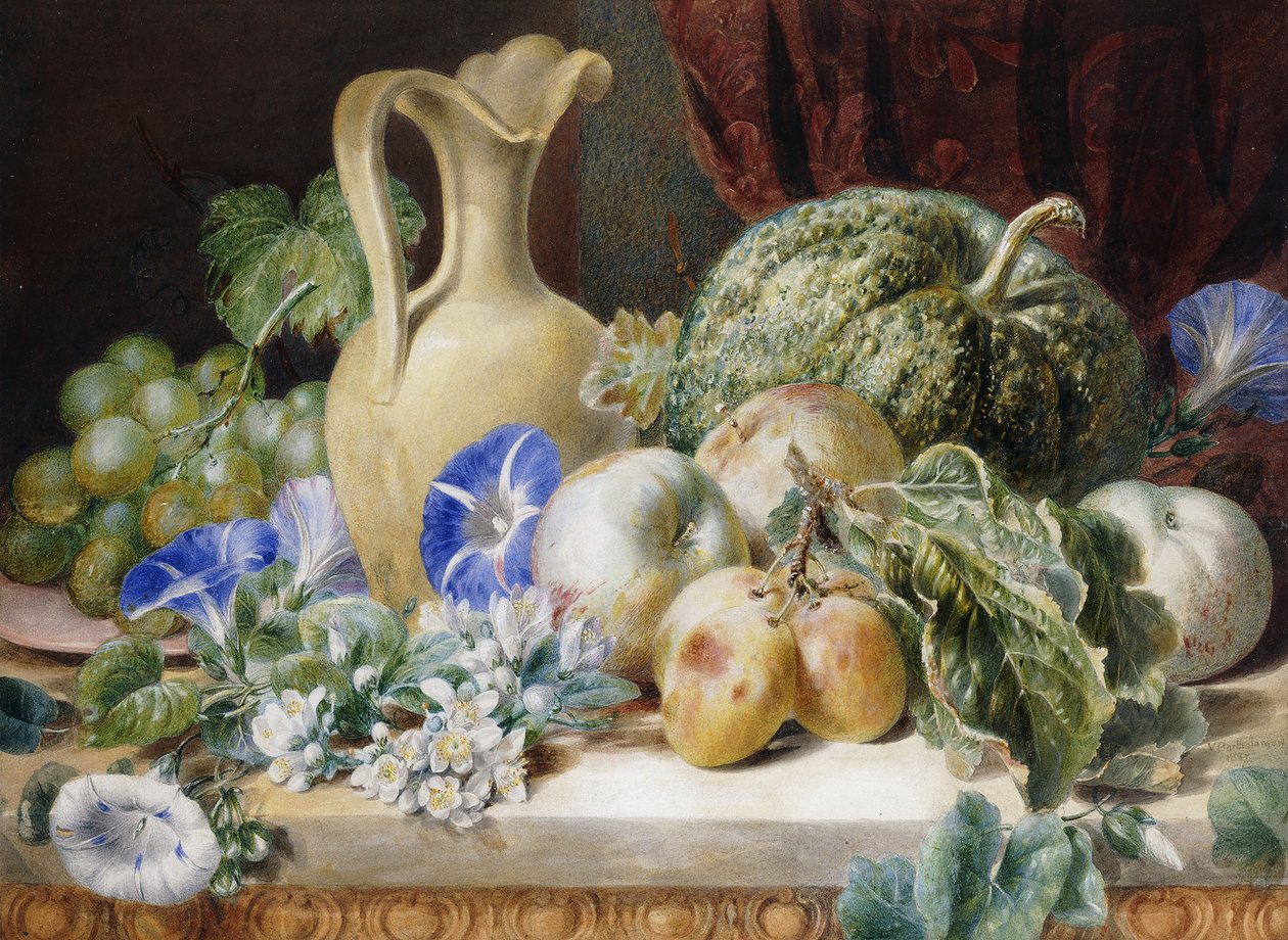 Et stilleben med en kande, æbler, blommer, vindruer og blomster, af Valentine Bartholomew