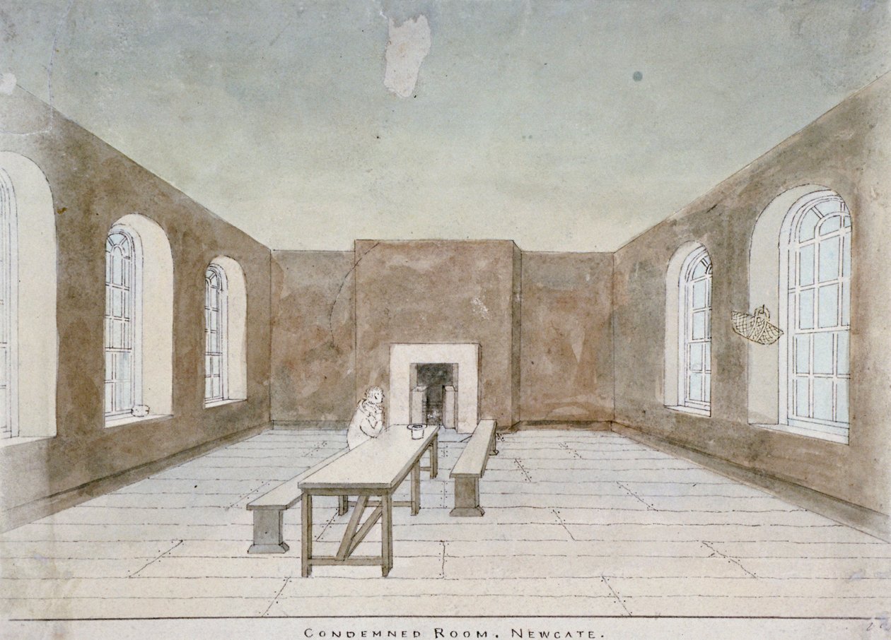 Interiør af det dømte værelse i Newgate Prison, Old Bailey, City of London, 1810 af Valentine Davis