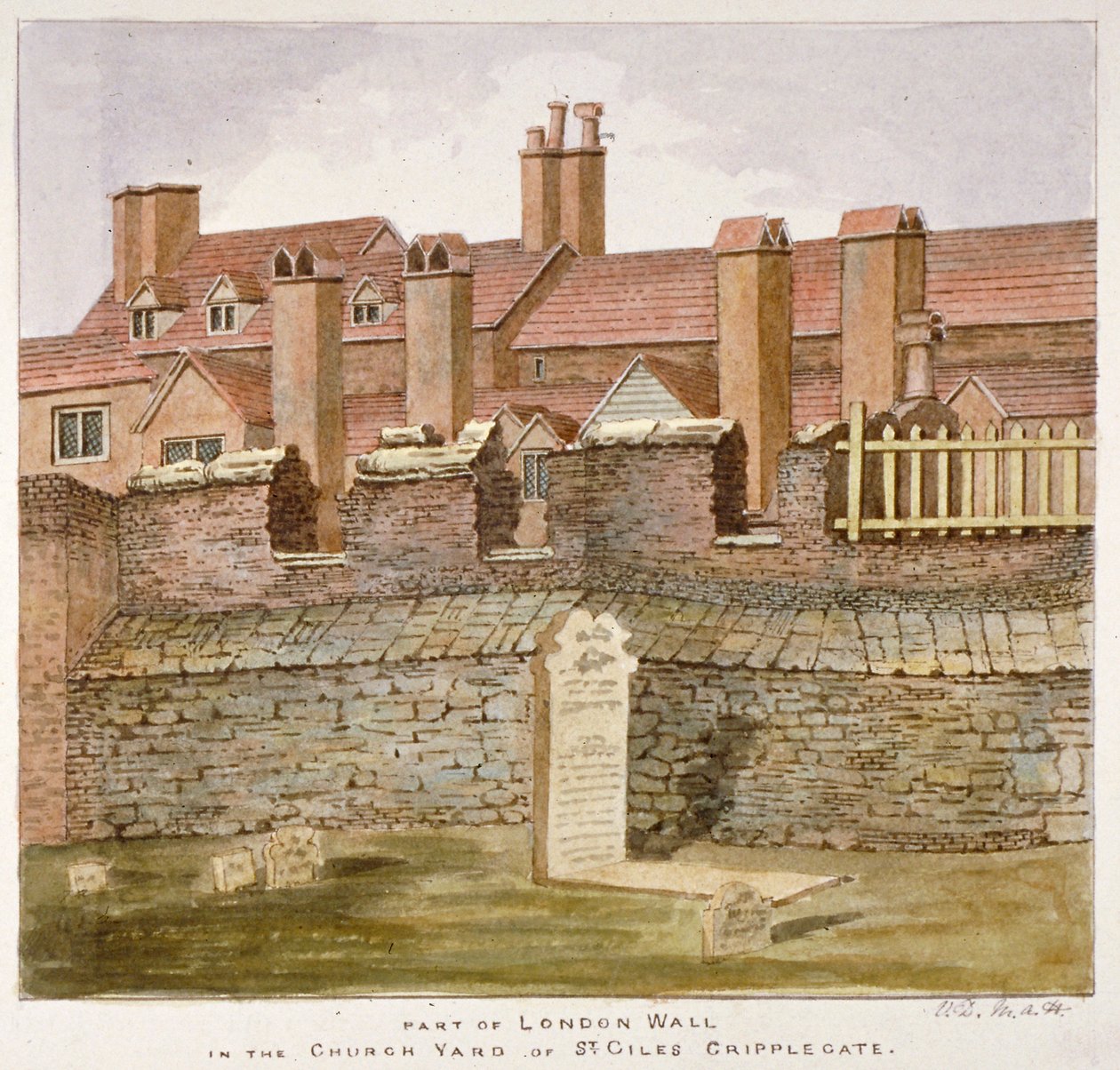 Rester af London Wall i kirkegården St Giles uden Cripplegate, City of London, 1825 af Valentine Davis