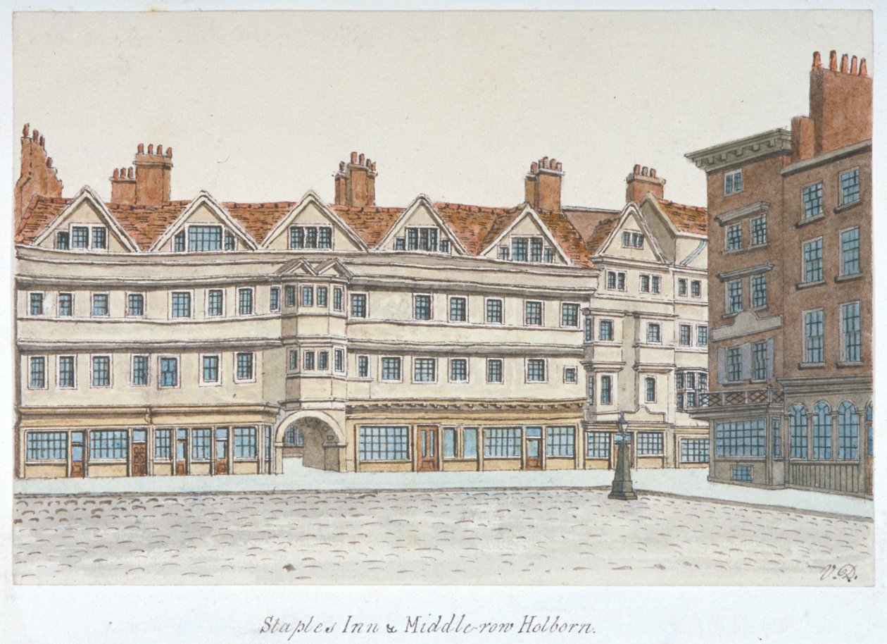 Udsigt over Staple Inn og bygningerne i Middle Row i centrum af Holborn, London, 1850. af Valentine Davis