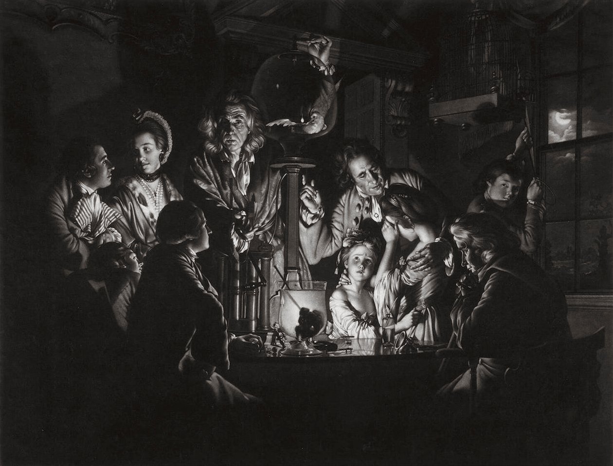 Et eksperiment på en fugl i luftpumpen efter Joseph Wright fra Derby, 1769. af Valentine Green