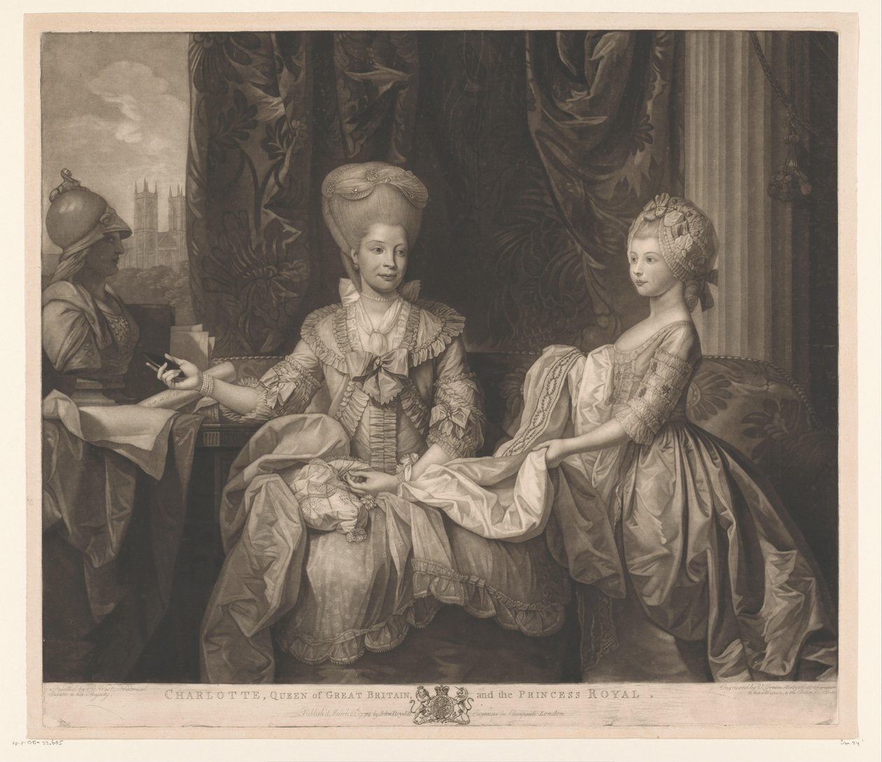 Portræt af Charlotte van Mecklenburg-Strelitz og hendes datter Charlotte Charlotte, dronning af Storbritannien og Princess Royal (titel på objekt) af Valentine Green