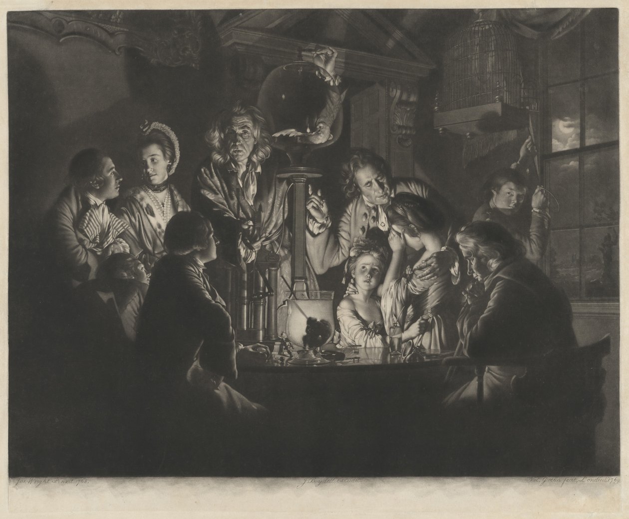 En filosof, der viser et eksperiment på luftpumpen af Valentine Green after Joseph Wright