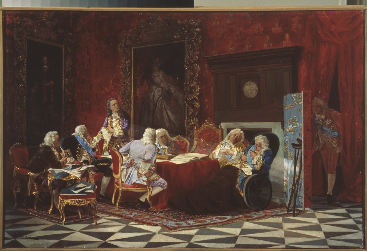 Artemy Volynsky ved et russisk kabinetsmøde, 1875 af Valeri Ivanovich Jacobi