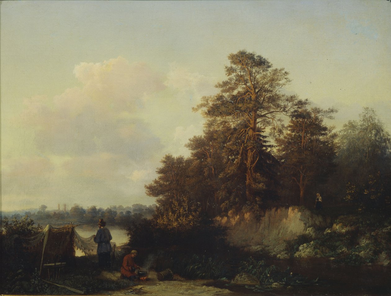 Landskab med lystfiskere, 1852 af Valerian Konstantinovich Kamenev
