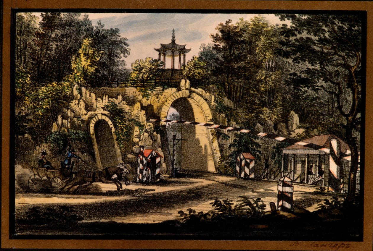 ""Grand Caprice-pavillonen i Katarinaparken i Tsarskoye Selo"" af Valerian Platonovich Langer (1799-1870), Litografi, akvarel, ca. 1820, Statens Friluftsmuseum Tsarskoye Selo, Skt. Petersborg Â af Valerian Platonovich Langer