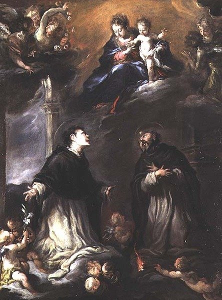 Madonna og barn viser sig for to dominikanske hellige af Valerio (circle of) Castello