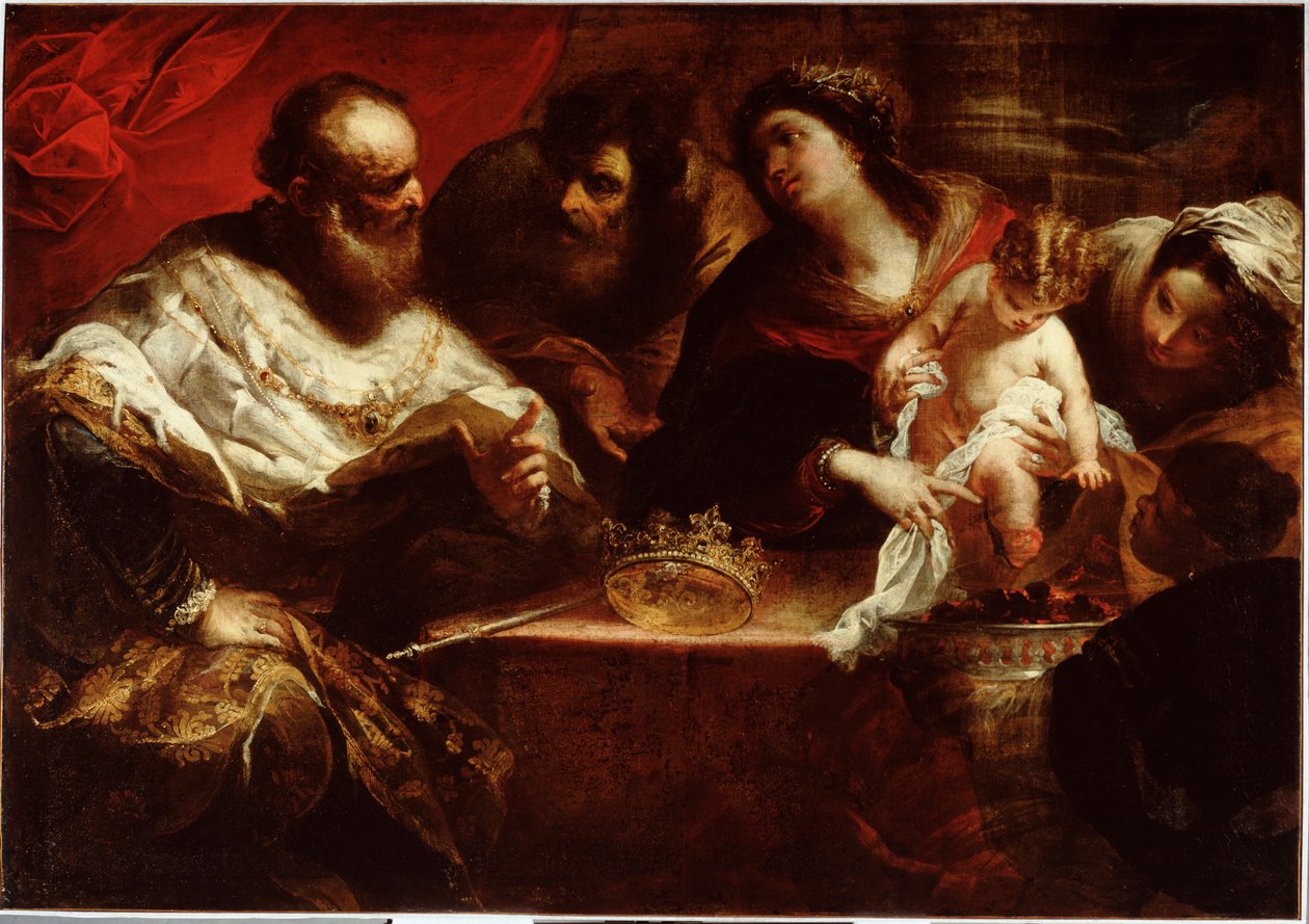 Moses og miraklet med brændende kul Moses som barn, der havde grebet faraos krone, brænder sig selv ved at tage fat i et brændende kul og beviser dermed, at han kun blev tiltrukket af det, der skinnede - (Moses og det brændende kul) Maleri af Valerio Caste af Valerio Castello