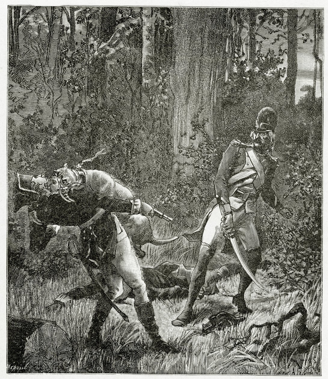 Rask hunden dræber en engelsk soldat - illustration fra Bug-Jargal, gravering fra det 19. århundrede af Valnay Pere et fils