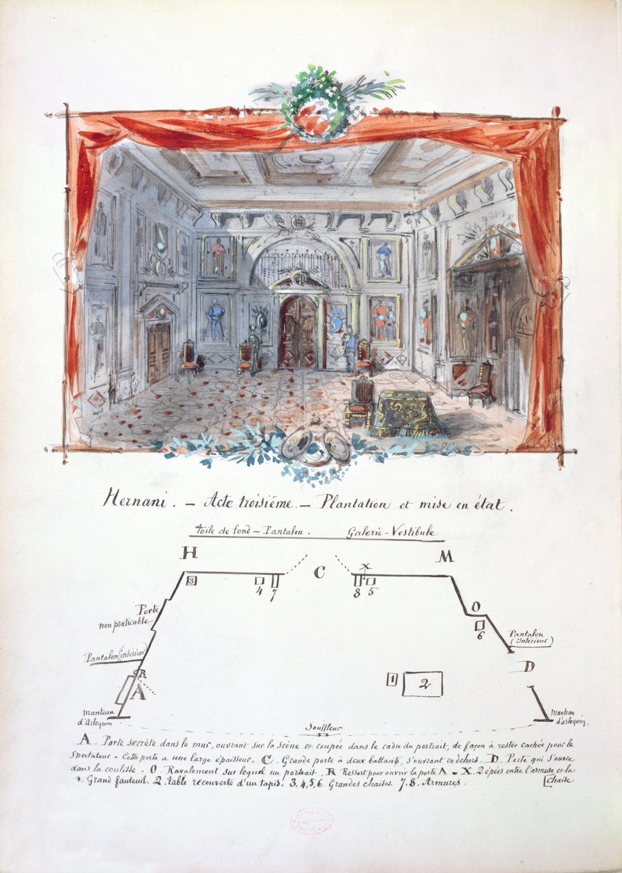 Scenografi og scenevejledning til en produktion fra 1877 af Hernani af Victor Hugo (1802-85), 1879 (blæk og gouache) af Valnay Pere et fils