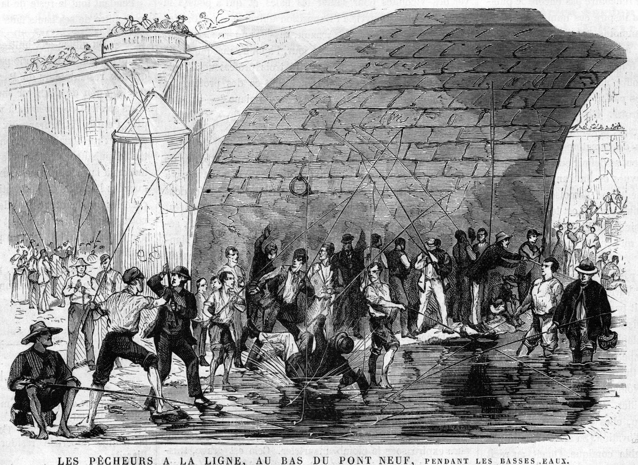 fiskeren har linen i bunden af broen ni i paris i 1868 under lavvandet. tegning af Desroches - Valnay. af Valnay Pere et fils
