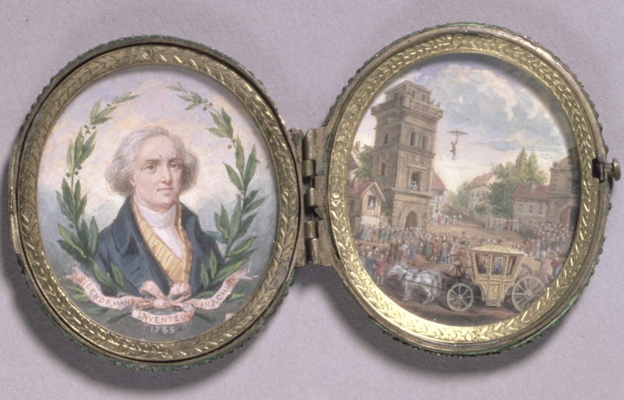 Portrætminiature af Louis-Sebastien Lenormand med en scene af hans faldskærmsnedstigning, 1783 (gouache på vellum) af Van Blarenberghe