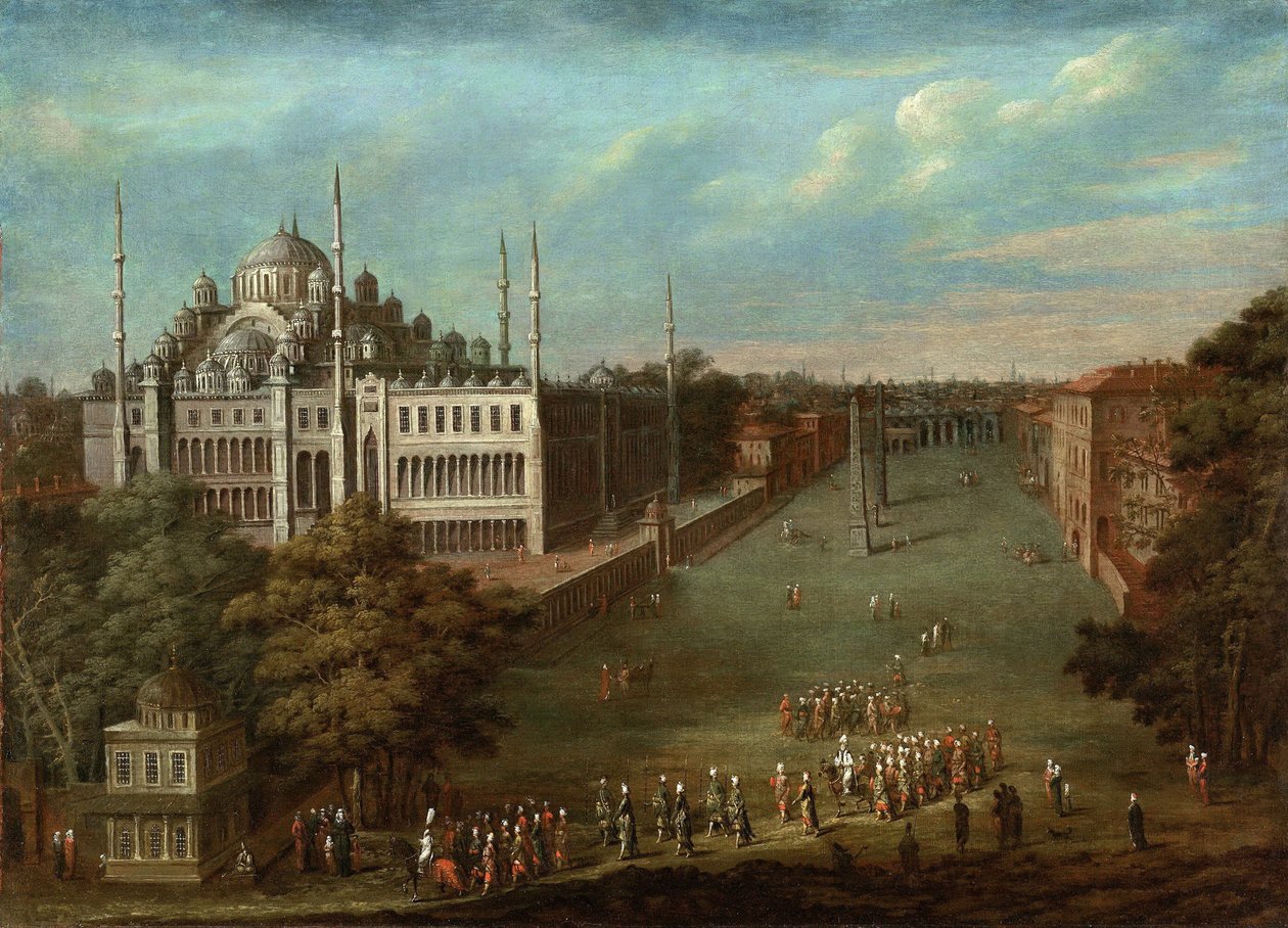 Storvesirens procession på Hippodrome-pladsen med Sultan Ahmed-moskeen, 1737 af Vanmour