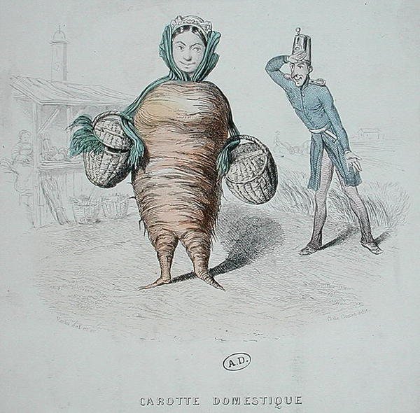 Tegneserie af en tjener som en gulerod (farve litho) af Varin Varin