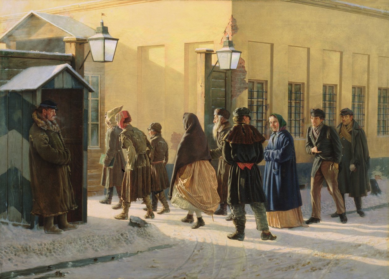 Et gadebillede uden for et fængsel, 1868 af Vasili Georgievich Malyschev