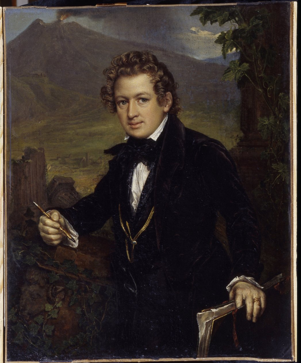 Portræt af maleren Karl Pavlovich Briullov (Bryullov) (1799-1852). Portræt af maleren K.P. Briullov). Repræsenteret foran en vulkan holder maleren en mekanisk blyant og sit tegnebræt. Maleri af Vasili Andreyevich Tropinin (Vassili Tropinin) (1 af Vasili Andreevich Tropinin