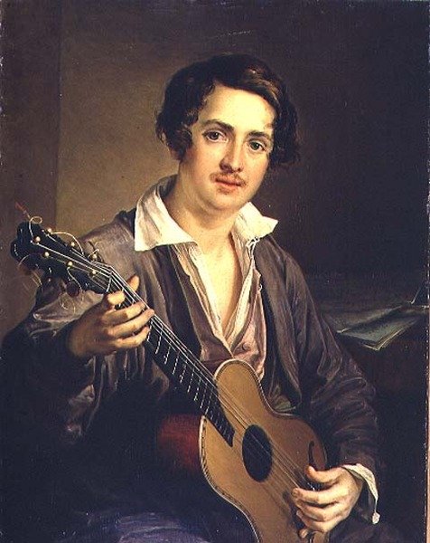 Guitaristen: Portræt af den virtuose guitarist Vladimir Ivanovich Morkov (1803-64) 1839 (olie på lærred) af Vasili Andreevich Tropinin